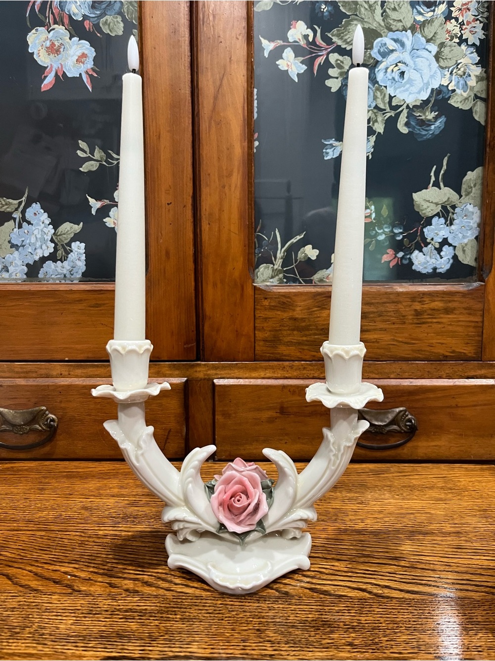 Vintage Karl Ens Volkstedt Double-Arm Porcelain Candelabra Pink Rose Chic Rose